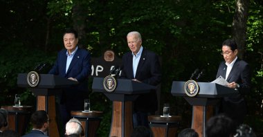 U.S. President Joe Biden (Center), Japanese Prime Minister Fumio Kishida (Right), and South Korean President Yoon Suk Yeol speak during a news conference at the Camp David Trilateral Summit at Camp David in Maryland on Aug. 18, 2023. (AFP Photo)