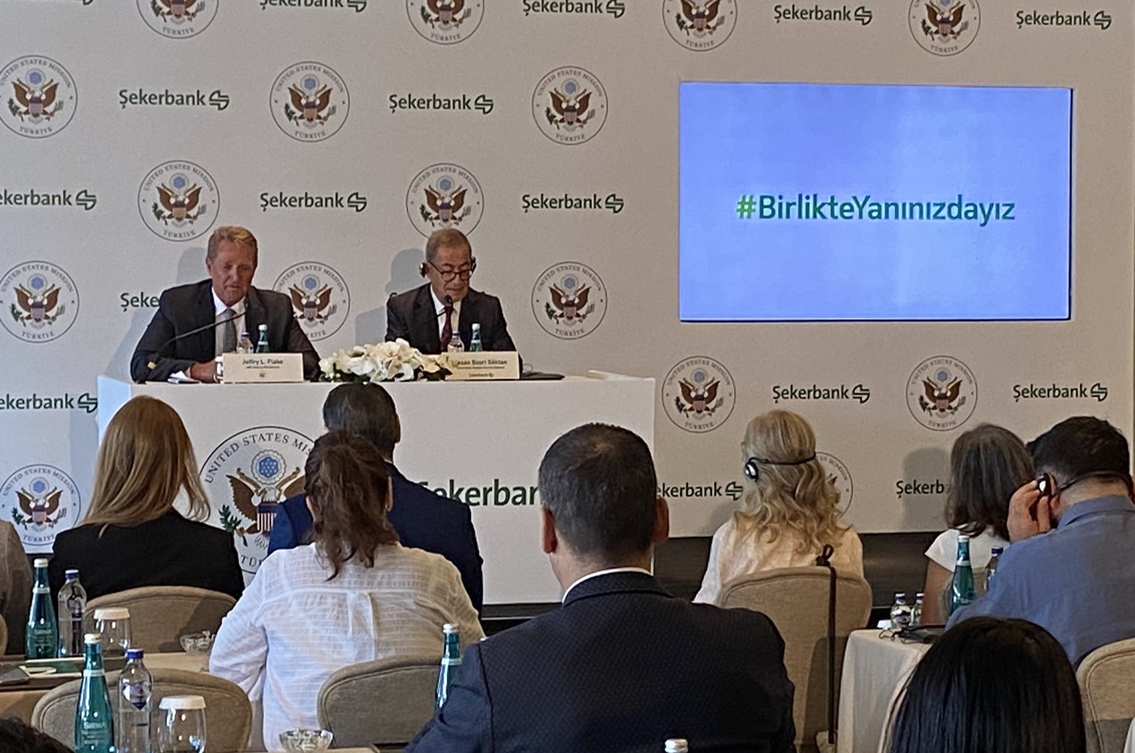 U.S. Ambassador Jake Flake (L) and Hasan Basri Göktan, Şekerbank chairperson, are seen during a press conference in Istanbul, Türkiye, Aug. 18, 2023. (AA Photo)