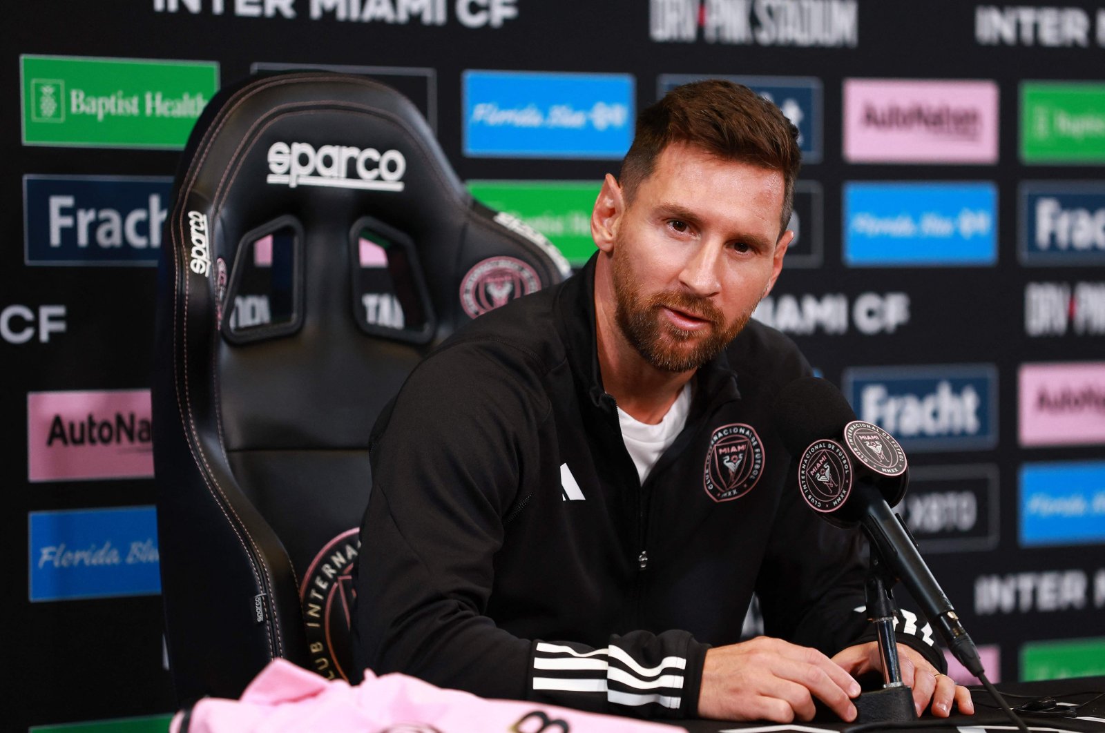Inter Miami&#039;s Lionel Messi reacts during a press conference at DRV PNK Stadium, Florida, U.S., Aug. 17, 2023. (Getty Images Photo)