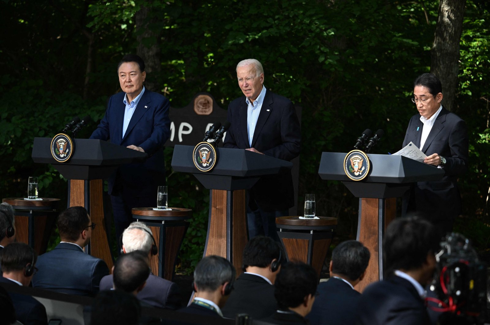 U.S. President Joe Biden (Center), Japanese Prime Minister Fumio Kishida (Right), and South Korean President Yoon Suk Yeol speak during a news conference at the Camp David Trilateral Summit at Camp David in Maryland on Aug. 18, 2023. (AFP Photo)