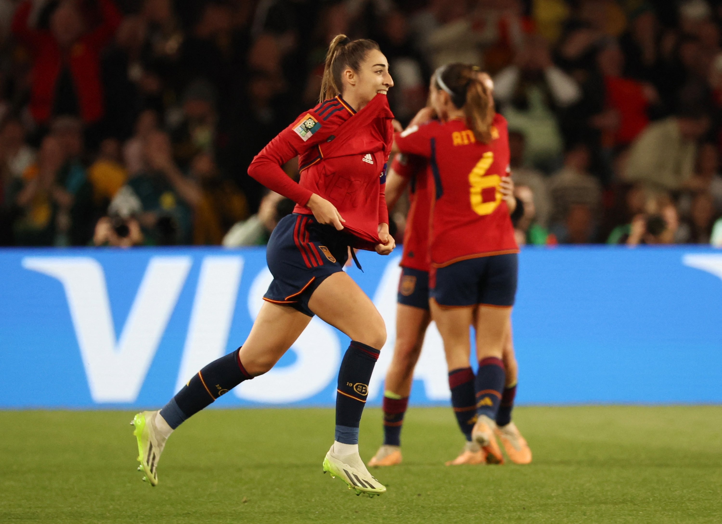 Spain's Olga Carmona celebrates scoring their first goal during the Women's World Cup final against England at Stadium Australia, Sydney, Australia, Aug. 20, 2023. (Reuters Photo)