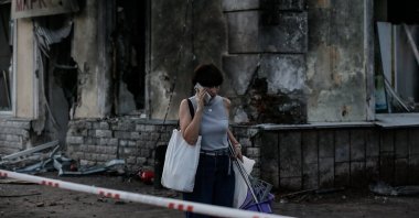 The scene of a missile hit at the Drama Theatre in central Chernihiv, Ukraine, Aug. 19, 2023. (EPA Photo)