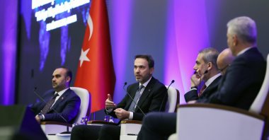 Energy and Natural Resources Minister Alparslan Bayraktar (C) delivers a speech during the 14th Ambassadors Conference in Ankara, Türkiye, Aug. 7, 2023. (AA Photo)