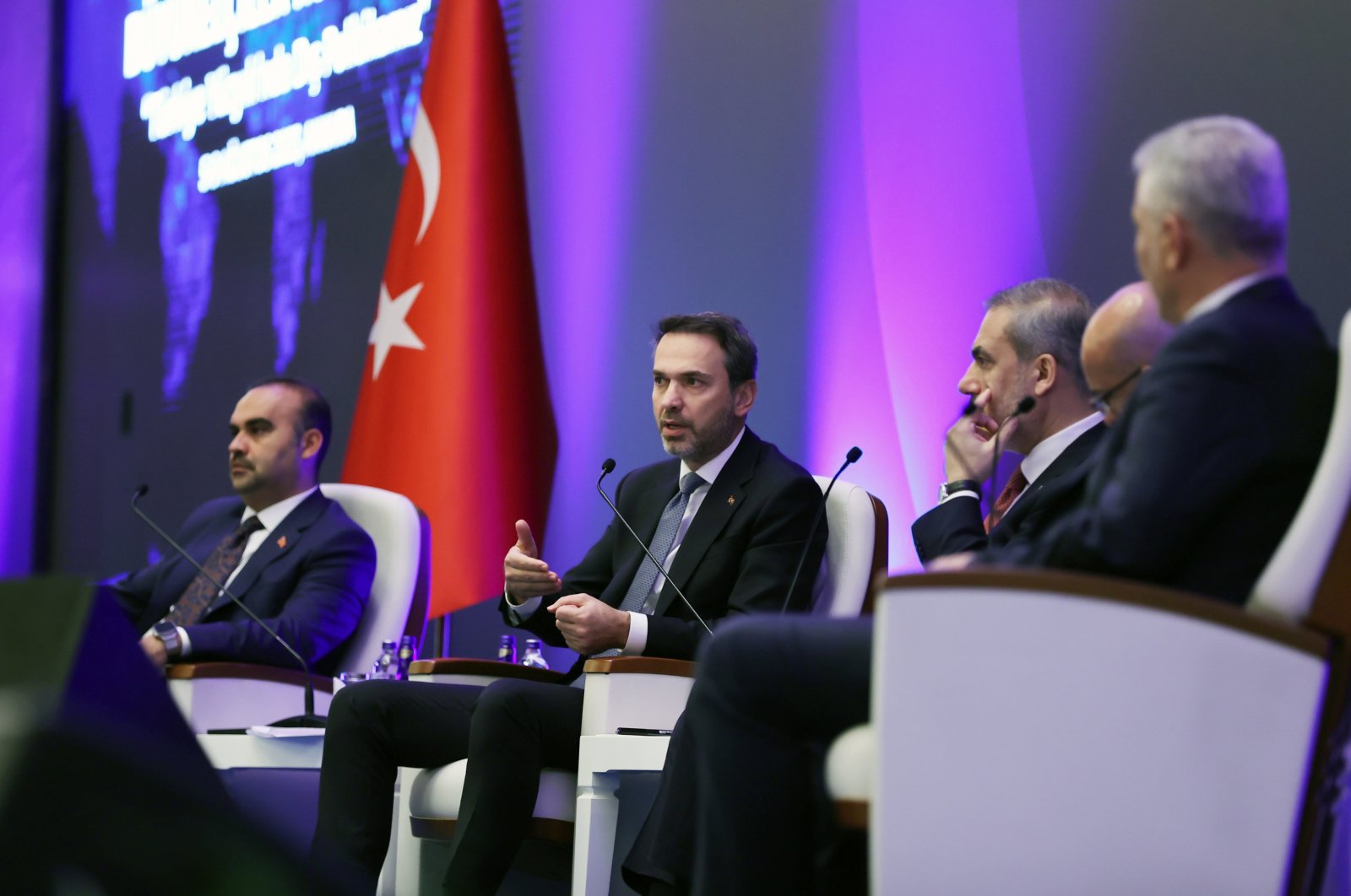 Energy and Natural Resources Minister Alparslan Bayraktar (C) delivers a speech during the 14th Ambassadors Conference in Ankara, Türkiye, Aug. 7, 2023. (AA Photo)