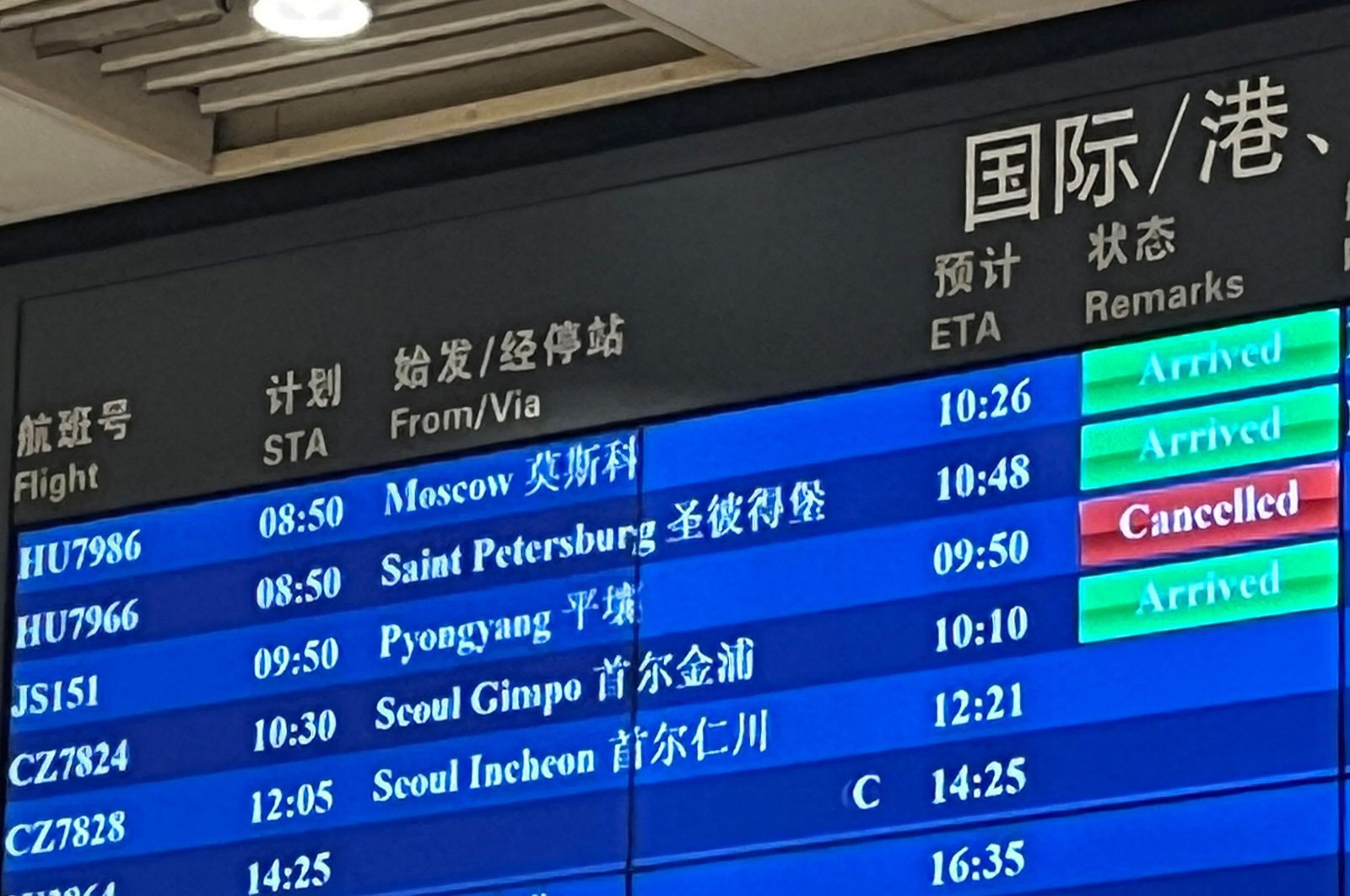 The cancelled status of an Air Koryo flight from North Korea&#039;s capital Pyongyang is seen in red on an information board at the Beijing Capital International Airport, Aug. 21, 2023. (AFP Photo)