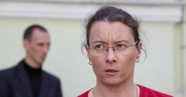 French Ambassador to Ukraine Isabelle Dumont talks to media in front of the British Embassy in Kyiv, Ukraine, May 23, 2017. (Getty Images Photo)