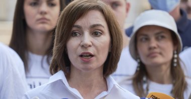 President of Moldova Maia Sandu gives a statement to the media outside a voting station during the early parliamentary elections, Chisinau, Moldova, July 11, 2021. (Getty Images Photo)