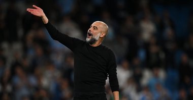 Manchester City's manager Pep Guardiola celebrates at the end of the English Premier League football match between Manchester City and Newcastle United at the Etihad Stadium, Manchester, U.K., Aug. 19, 2023. (AFP Photo)