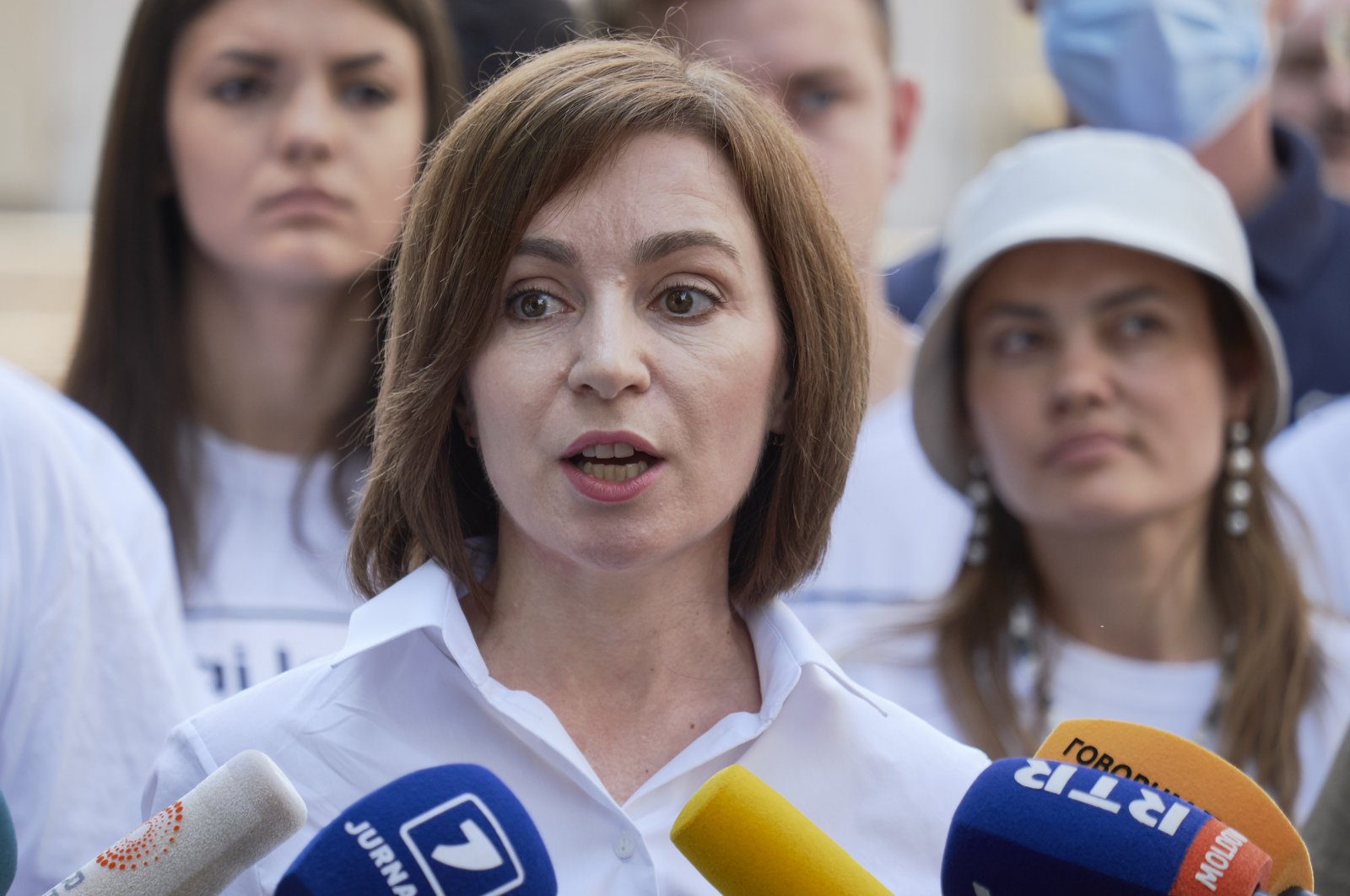 President of Moldova Maia Sandu gives a statement to the media outside a voting station during the early parliamentary elections, Chisinau, Moldova, July 11, 2021. (Getty Images Photo)