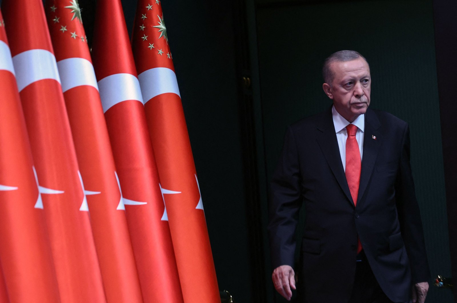 President Recep Tayyip Erdoğan arrives to address the media after the cabinet meeting at the Presidential Complex in Ankara, Türkiye, on Aug. 21, 2023. (AFP Photo)