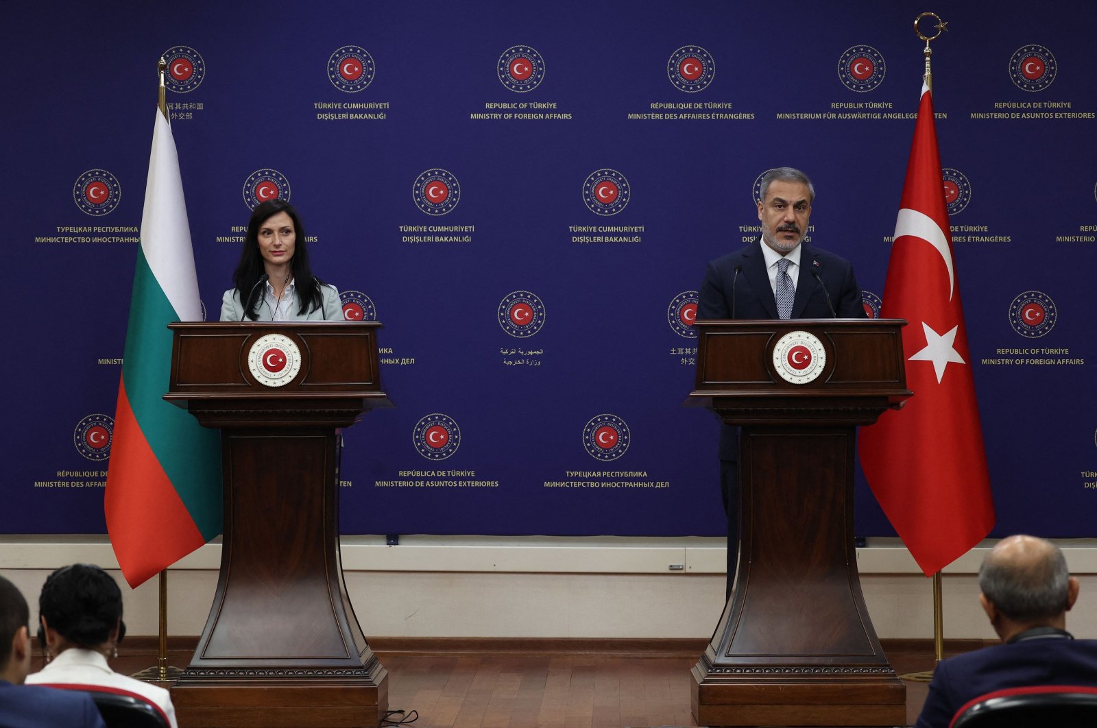 Foreign Minister Hakan Fidan (R) and Bulgarian FM Mariya Gabriel hold a news conference in the capital Ankara, Türkiye, Aug. 22, 2023. (AFP Photo)