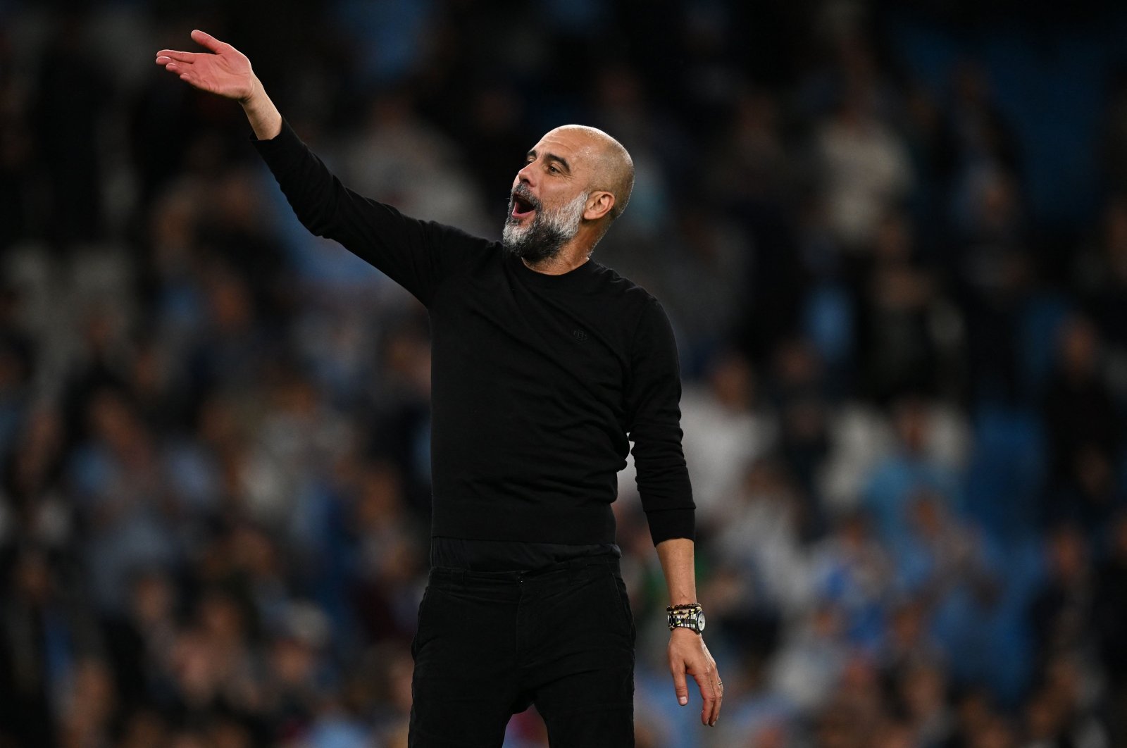 Manchester City&#039;s manager Pep Guardiola celebrates at the end of the English Premier League football match between Manchester City and Newcastle United at the Etihad Stadium, Manchester, U.K., Aug. 19, 2023. (AFP Photo)