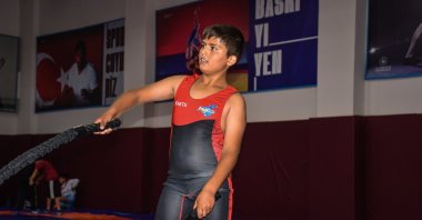 Young Turkish wrestler Botan Demir trains in Van, Türkiye, Aug. 2, 2023. (AA Photo)