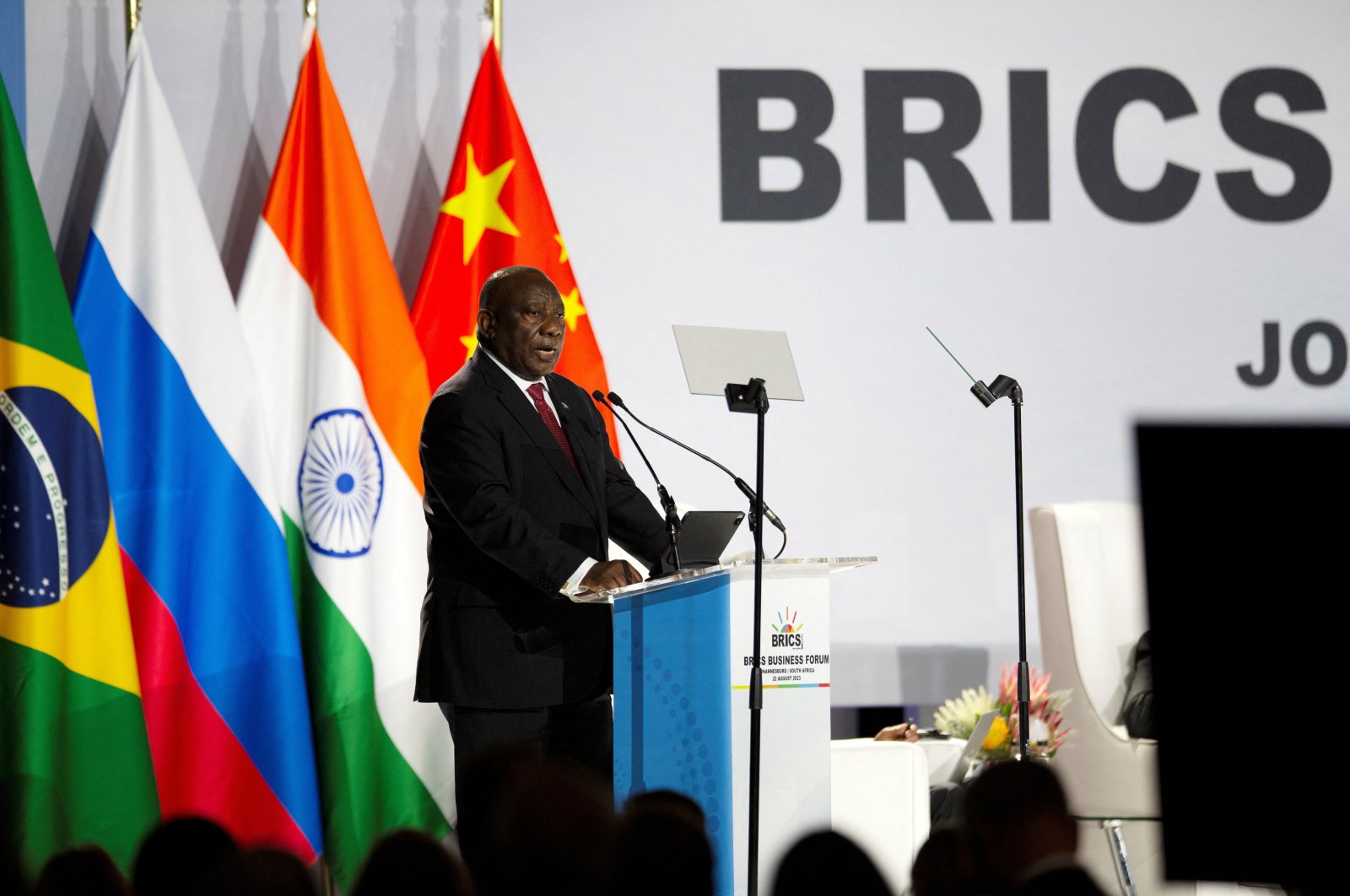 South African President Cyril Ramaphosa delivers his opening remarks at the BRICS Summit in Johannesburg, South Africa, Aug. 22, 2023. (Reuters Photo)