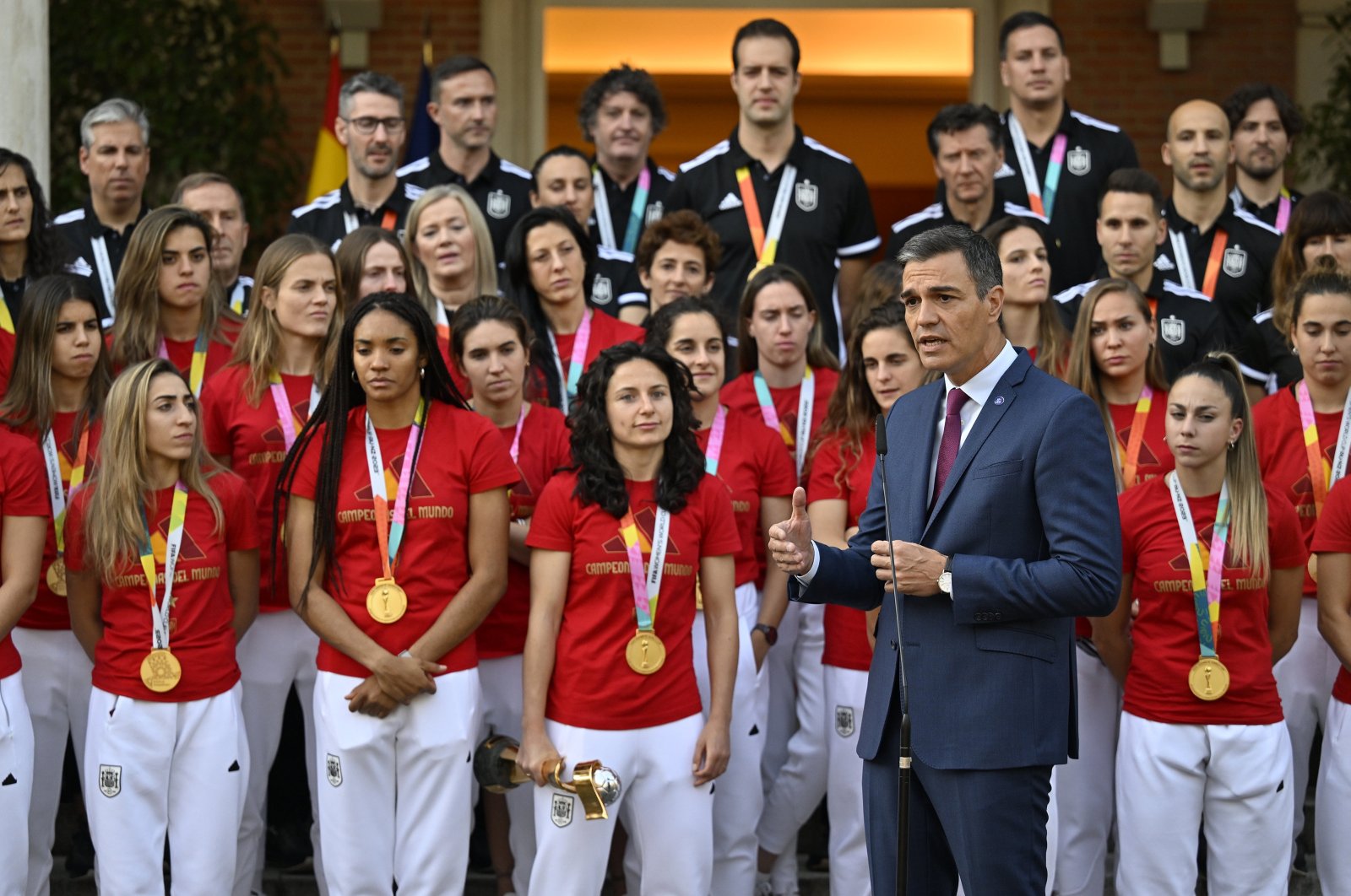 Spain&#039;s Prime Minister Pedro Sanchez speaks during the World Cup champions homecoming celebrations at the Moncloa Palace, Madrid, Spain, Aug. 22, 2023. (AA Photo)