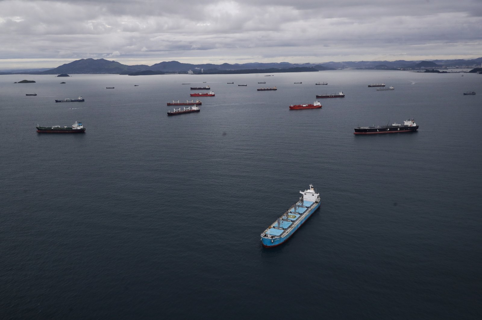 Dozens of ships wait in the Pacific to transit in the Panama Canal in Panama City, Panama, Aug. 22, 2023. (EPA Photo)