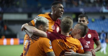 Galatasaray players celebrate following Fredrik Midtsjo goal against Molde in the UEFA Champions League qualifiers playoffs, Molde, Norway, Aug. 23, 2023. (AA Photo)