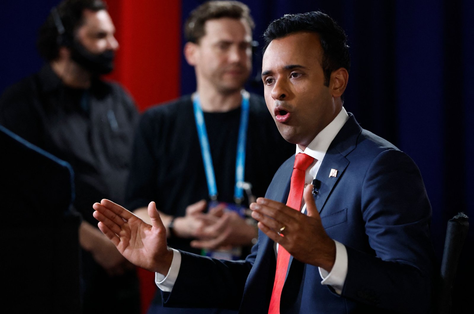 Vivek Ramaswamy speaks during an interview after the first Republican Presidential primary debate in Milwaukee, Wisconsin, Aug. 23, 2023. (AFP Photo)