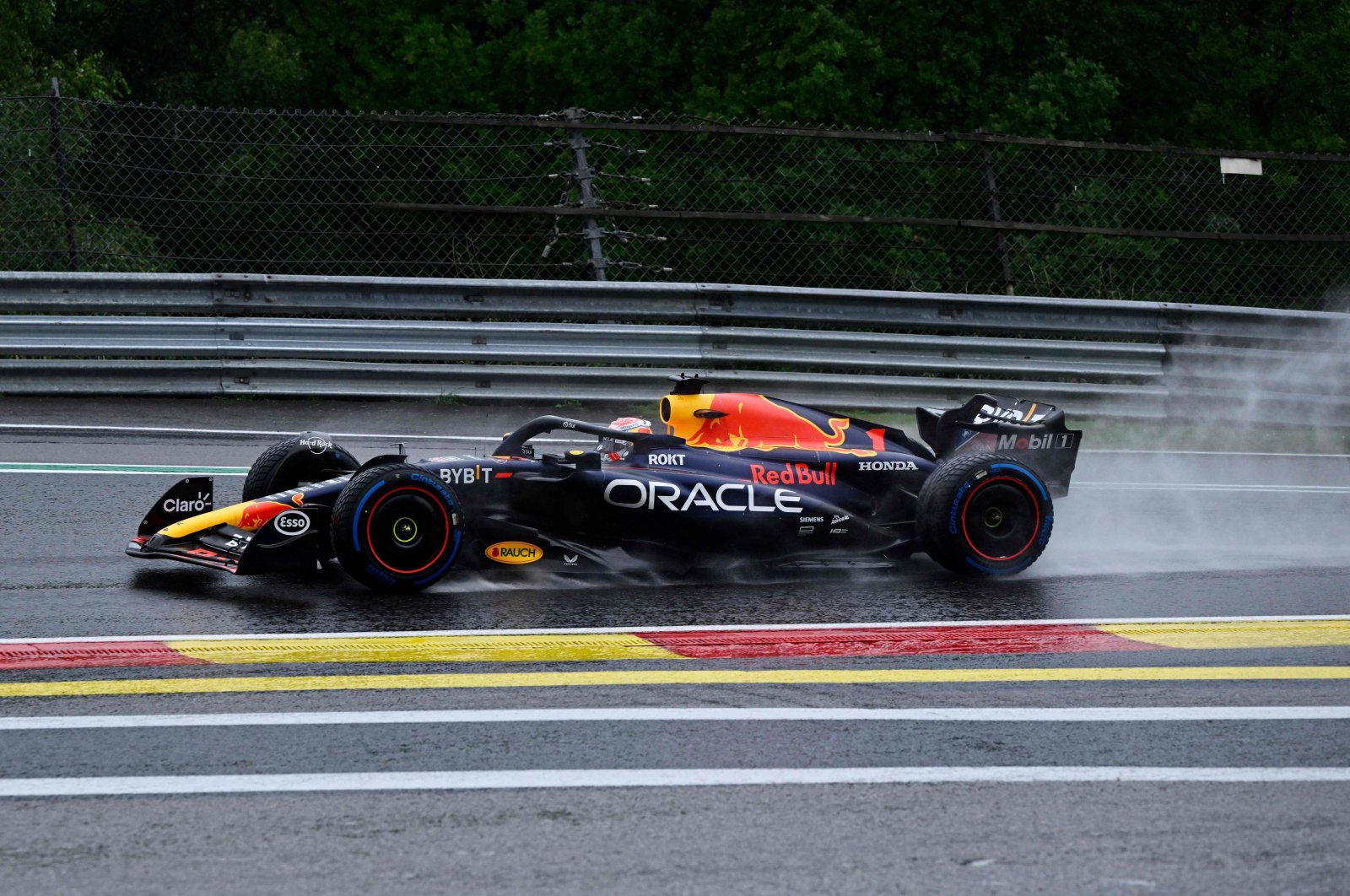 Red Bull Racing&#039;s Dutch driver Max Verstappen drives during the practice session ahead of the Formula One Belgian Grand Prix at the Spa-Francorchamps Circuit, Spa, Belgium, July 28, 2023. (AFP Photo)