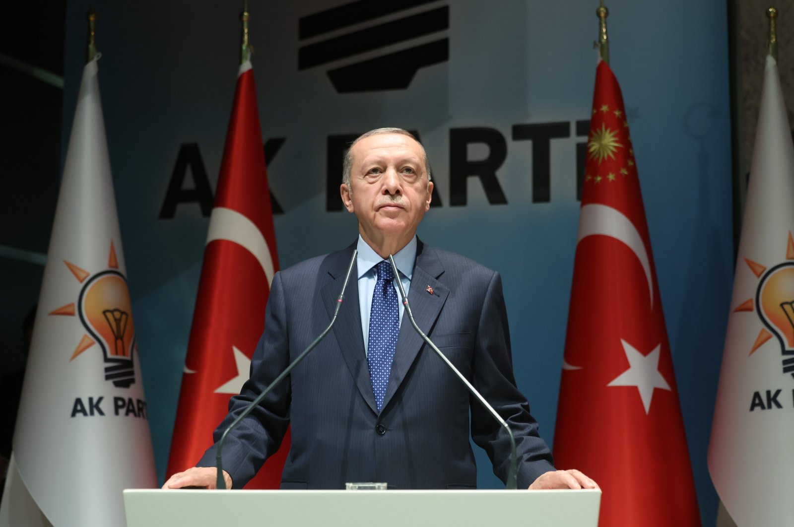 President Erdoğan addresses the meeting of AK Party officials, in the capital Ankara, Türkiye, Aug. 24, 2023. (İHA Photo)