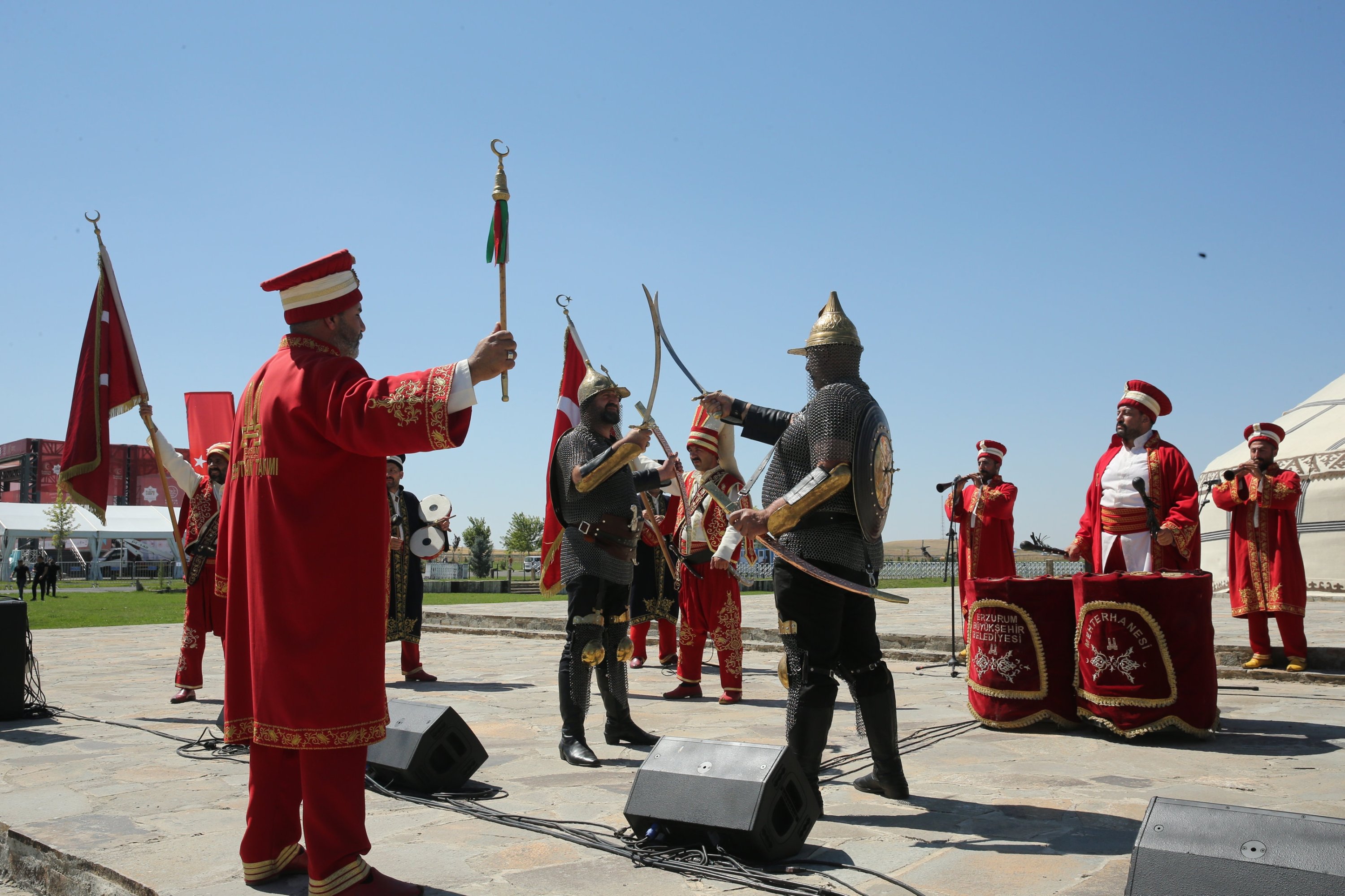 The mehteran band performs a ceremony to mark the 952nd anniversary of the Battle of Manzikert, in the Malazgirt district of Muş, Türkiye, Aug. 25, 2023. (AA Photo)