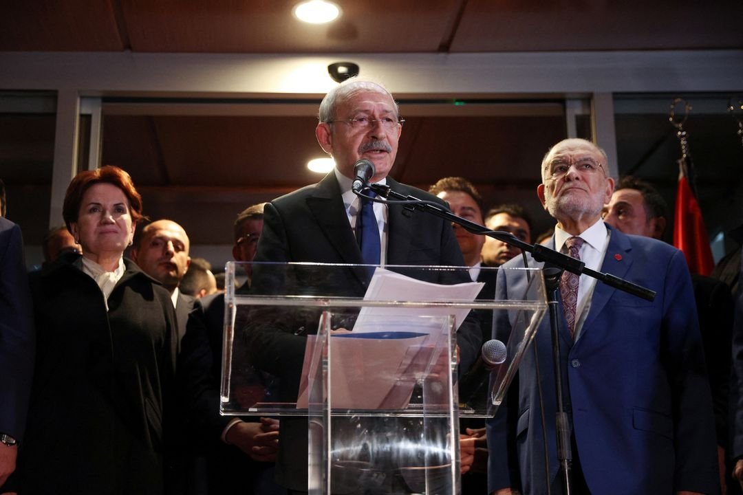 The main opposition Republican People&#039;s Party (CHP) chair Kemal Kılıçdaroğlu (C), accompanied by Good Party (IP) chair Meral Akşener (L) and Felicity Party (SP) chair Temel Karamollaoğlu, talks to media following a meeting of the opposition alliance in Ankara, Türkiye, March 6, 2023. (Reuters Photo)