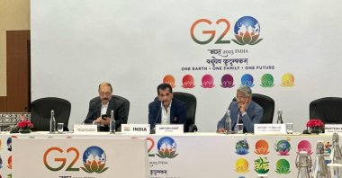 G-20 Sherpa Amitabh Kant (C) speaks alongside officials of the Indian G-20 secretariat in the capital New Delhi, India, Aug. 14, 2023 (Photo by Dilara Aslan Özer)