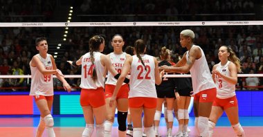 Türkiye&#039;s Sultans of the Net celebrate after beating Germany during the 2023 CEV EuroVolley championship, Istanbul, Türkiye, Aug. 24, 2023. (IHA Photo)