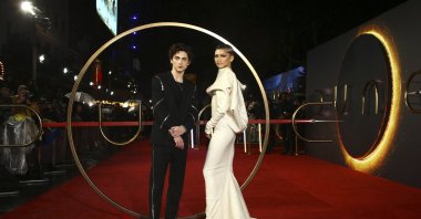 Timothee Chalamet (L) and Zendaya pose for photographers upon arrival at the premiere of the film &quot;Dune,&quot; in London, U.K., Oct. 18, 2021. (AP Photo)
