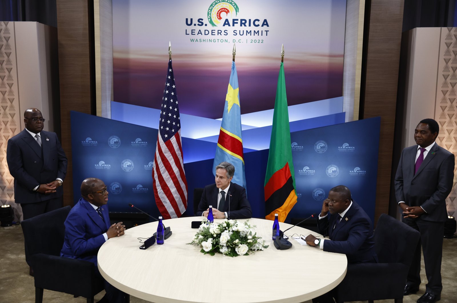 U.S. Secretary Antony Blinken (C) participates in a memorandum of understanding signing ceremony with Democratic Republic of the Congo (DRC) Foreign Minister Christophe Lutundula (L) and Zambian Foreign Minister Stanley Kakubo, in Washington, U.S., Dec. 13, 2022. (AP Photo)