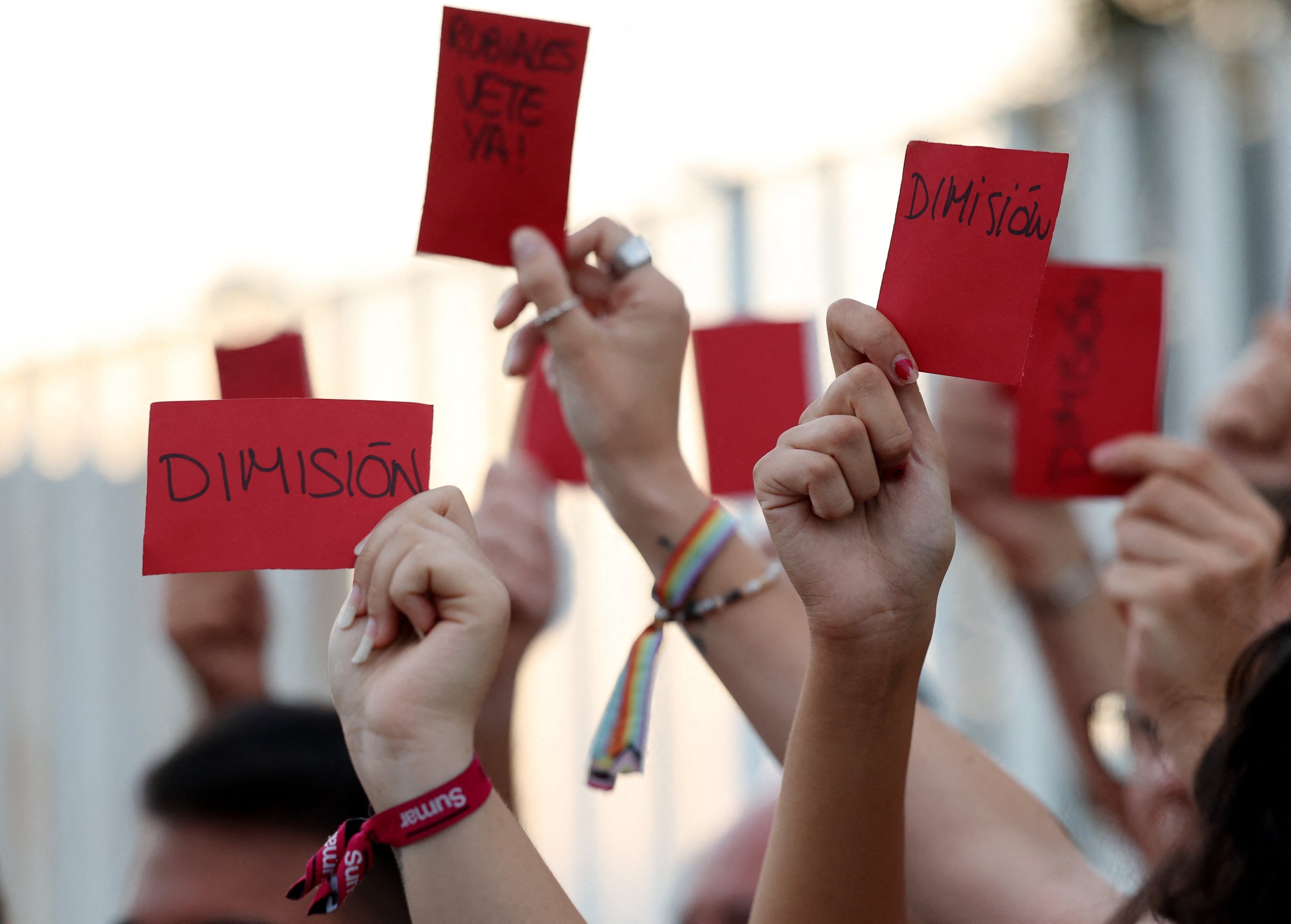 People protest outside the Spanish Football Federation, Las Rozas, Spain, Aug. 25, 2023. (Reuters Photo)