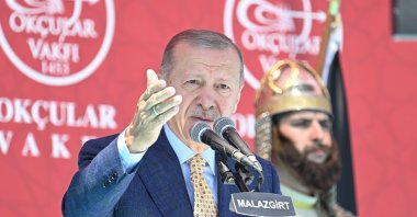 President Recep Tayyip Erdoğan speaks at a ceremony to mark the 952nd anniversary of the Battle of Manzikert in Ahlat, Muş, eastern Türkiye, Aug. 26, 2023. (AA Photo)
