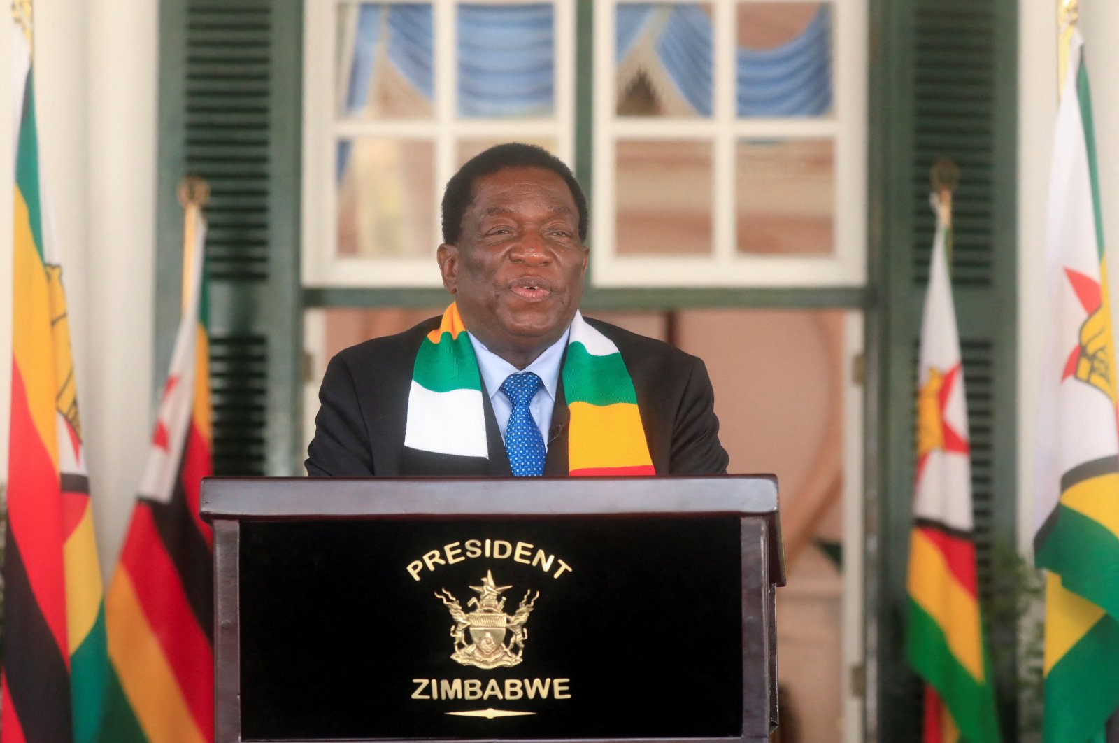 Zimbabwe&#039;s President Elect Emmerson Mnangagwa speaks to the media at State House in Harare, August 27, 2023. REUTERS/Philimon Bulawayo