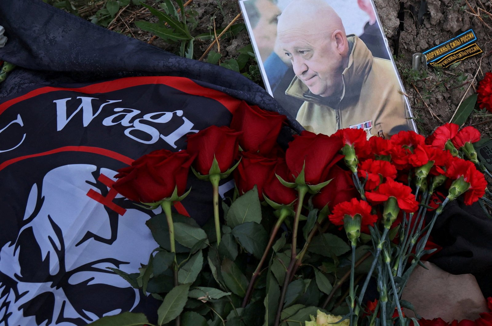 A portrait of Wagner mercenary chief Yevgeny Prigozhin at a makeshift memorial in St. Petersburg, Russia, Aug. 24, 2023. (Reuters Photo)