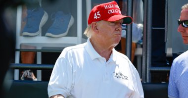 Former U.S. President Donald Trump at the first tee during the final round of LIV Golf Bedminster at Trump National Golf Club in Bedminster, New Jersey, U.S., Aug. 13, 2023. (Getty Photo)