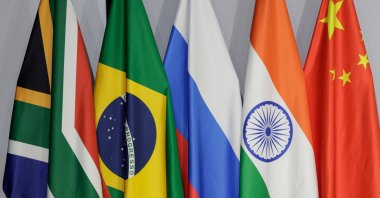 A general view of flags of (From L to R) South Africa, Brazil, Russia, India and China during the 2023 BRICS Summit at the Sandton Convention Centre in Johannesburg on August 24, 2023. (AFP Photo)
