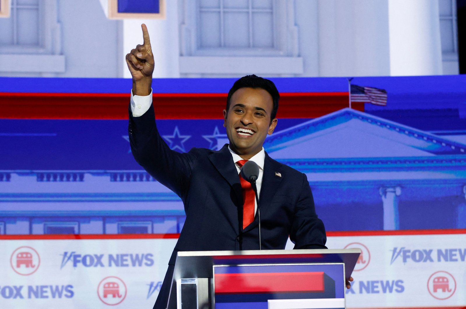 Entrepreneur and author Vivek Ramaswamy waves as he arrives to take part in the first Republican Presidential primary debate at the Fiserv Forum in Milwaukee, Wisconsin, U.S., Aug. 23, 2023. (AFP Photo)