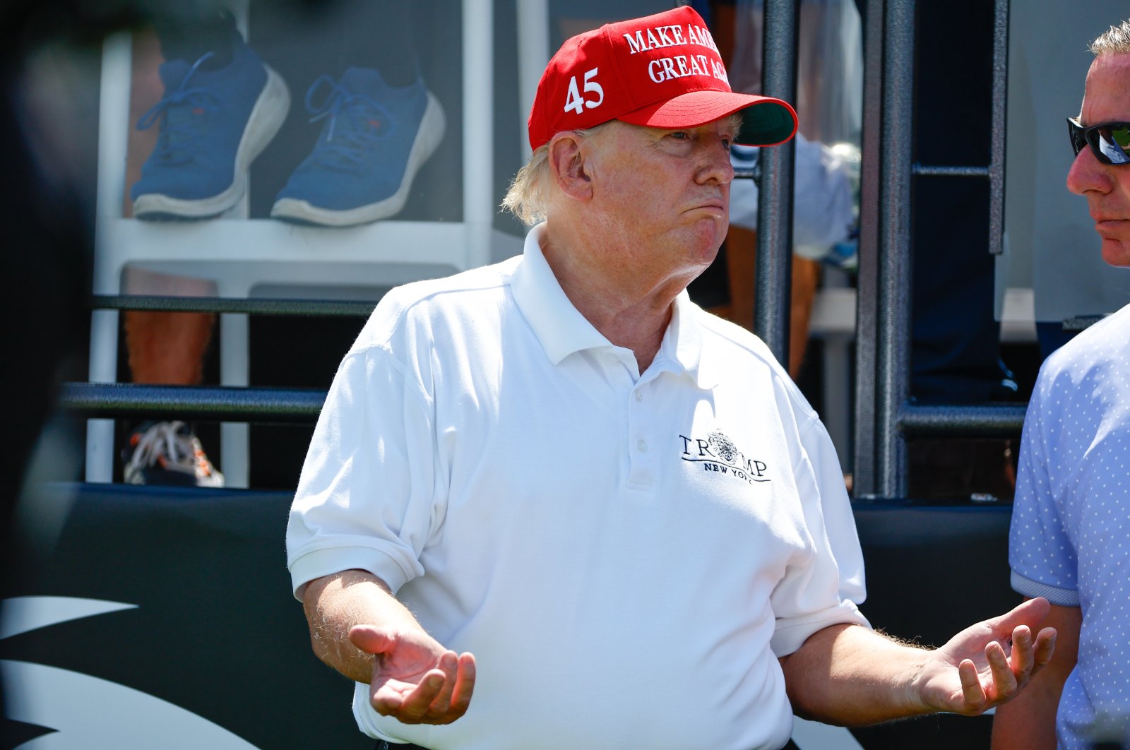 Former U.S. President Donald Trump at the first tee during the final round of LIV Golf Bedminster at Trump National Golf Club in Bedminster, New Jersey, U.S., Aug. 13, 2023. (Getty Photo)