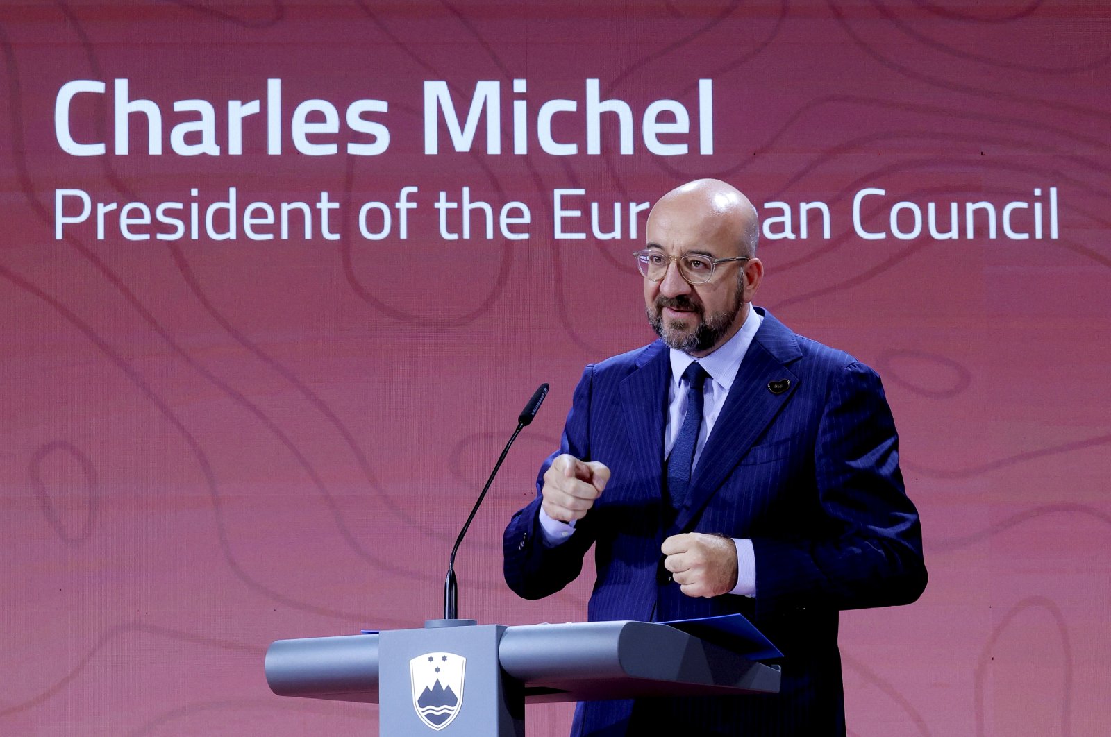 European Council President Charles Michel speaks during the Bled Strategic Forum 2023 at the Bled Festival Hall in Bled, Slovenia, Monday, Aug. 28, 2023. (Slovenian Government Press Service via AP)