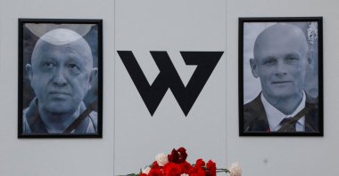 Portraits of Yevgeny Prigozhin, head of the Wagner mercenary group, and Dmitry Utkin, group commander, are seen at a makeshift memorial in Nizhny Novgorod, Russia Aug. 27, 2023.  (Reuters File Photo)