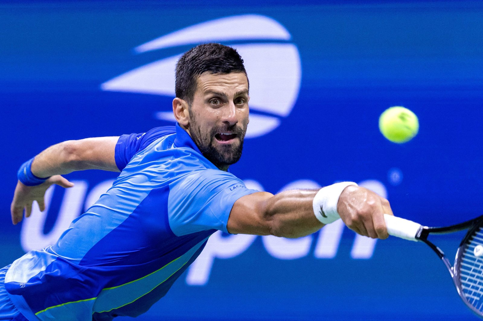 Serbia&#039;s Novak Djokovic plays a backhand return against France&#039;s Alexandre Muller during the US Open tennis tournament men&#039;s singles first round match at the USTA Billie Jean King National Tennis Center, New York City, U.S., Aug. 28, 2023. (AFP Photo)