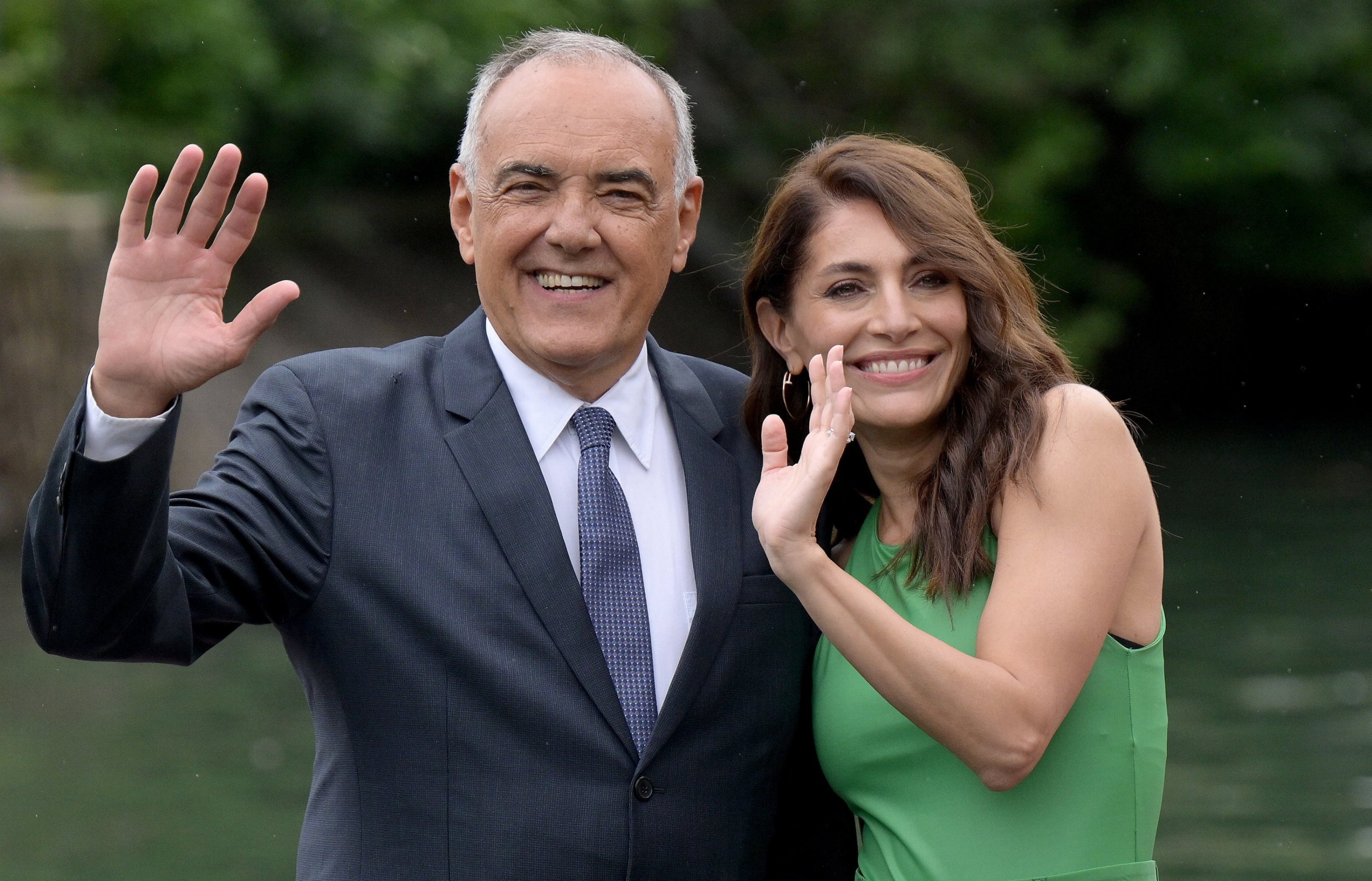 Venice Film Festival artistic director Alberto Barbera (L) and Italian actor Caterina Murino pose at Lido Beach ahead of the 80th annual Venice International Film Festival, Venice, Italy, Aug. 29, 2023. (EPA Photo)