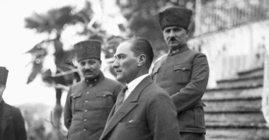 Mustafa Kemal Atatürk founder of the Republic of Türkiye, with army officers, June 3, 1923. (Getty Images Photo)
