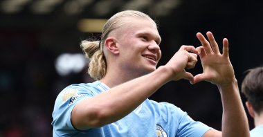 Manchester City's Erling Haaland celebrates scoring the opening goal during the English Premier League football match against Sheffield United at Bramall Lane, Sheffield, U.K., Aug. 27, 2023. (AFP Photo)