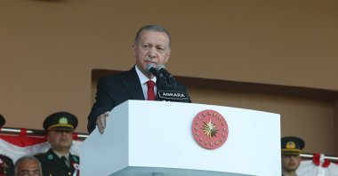 President Recep Tayyip Erdoğan speaks at a ceremony at the National Defense University in Ankara, Türkiye, Aug. 30, 2023. (AA Photo)