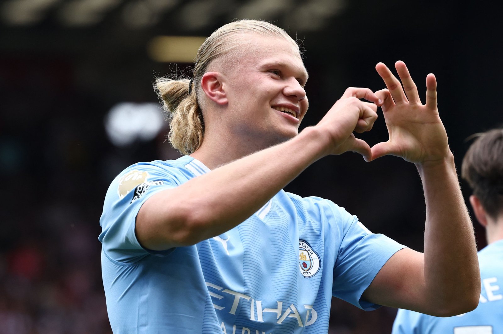 Manchester City&#039;s Erling Haaland celebrates scoring the opening goal during the English Premier League football match against Sheffield United at Bramall Lane, Sheffield, U.K., Aug. 27, 2023. (AFP Photo)