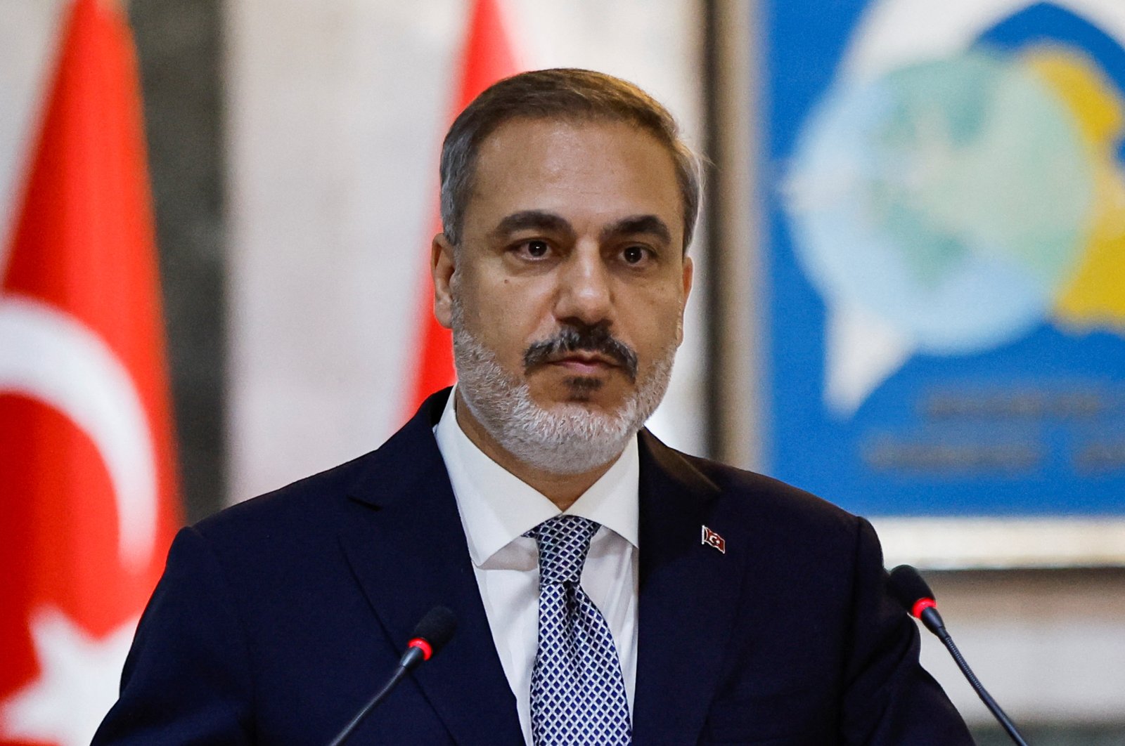Türkiye&#039;s Foreign Minister Hakan Fidan speaks with the media after a meeting with Iraq&#039;s Foreign Minister Fuad Hussein, in Baghdad, Iraq, Aug. 22, 2023. (Reuters Photo)
