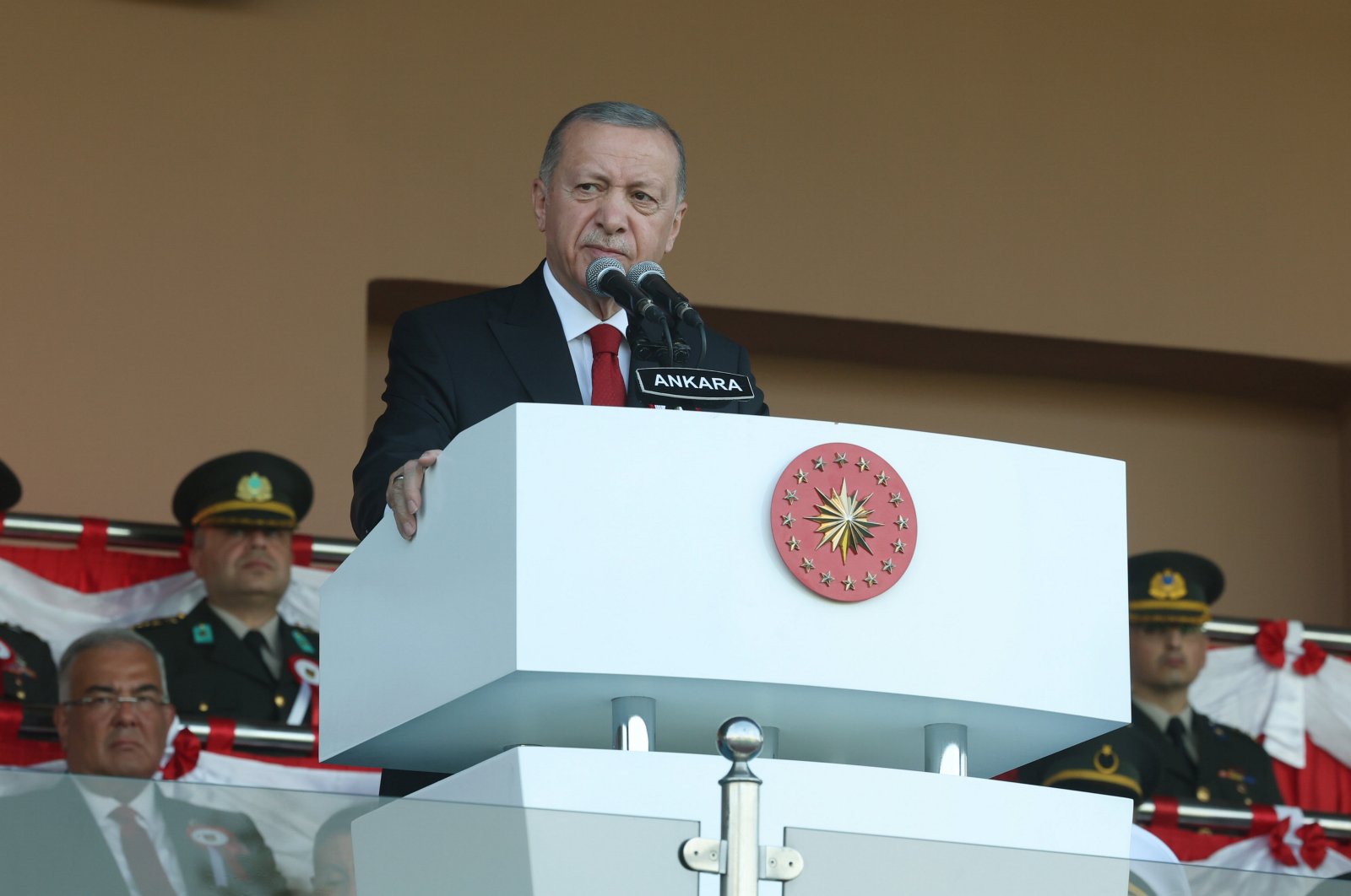 President Recep Tayyip Erdoğan speaks at a ceremony at the National Defense University in Ankara, Türkiye, Aug. 30, 2023. (AA Photo)