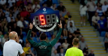 Referee show the Hublot Board with the 5 minutes extra time during the UEFA Under-21 Euro 2023 final match between England and Spain at Batumi Arena, Batumi, Georgia, July 08, 2023. (Getty Images Photo)
