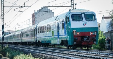 A general view of the train that hit railway workers in Turin, Italy, Aug. 31, 2023. (EPA Photo)